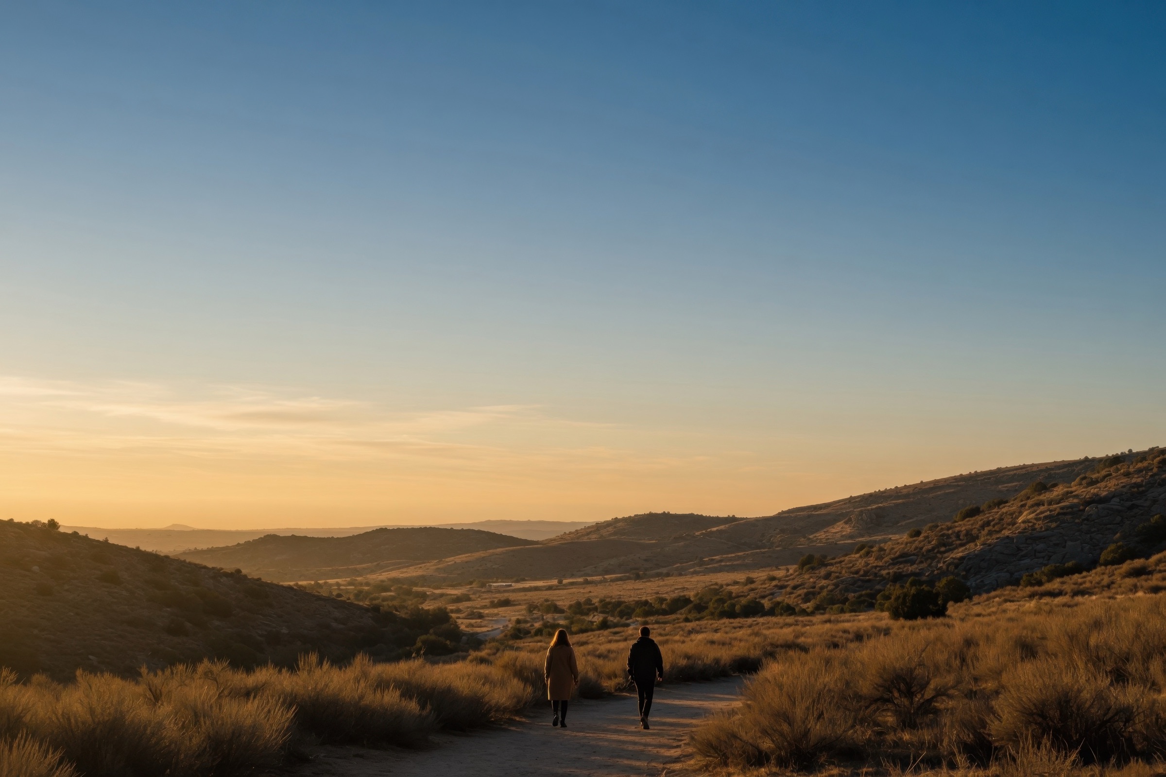 A couple walking a trail through golden hills at sunset