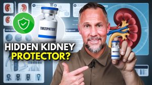 Medical illustration showing kidney health markers and tirzepatide metabolic effects